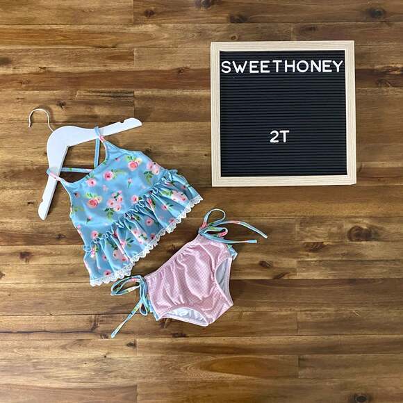 SweetHoney Maddie Tankini Swimsuit Set Nora's Garden Blue Pink Floral Gingham 2T - Picture 1 of 8